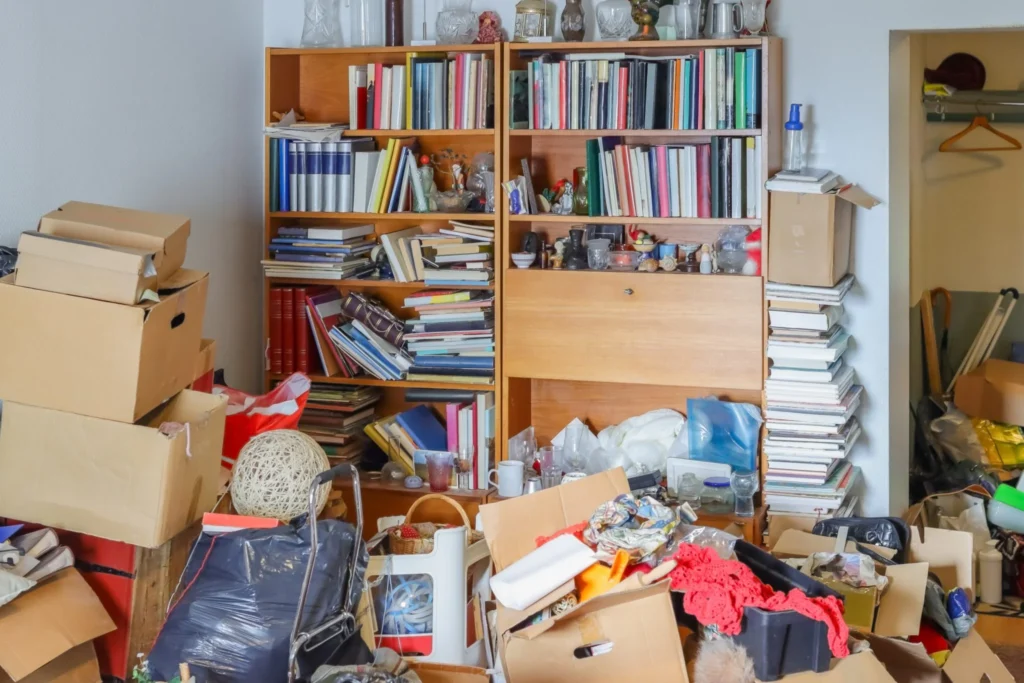 A cluttered room with scattered boxes, various items, and overflowing bookshelves against the back wall.