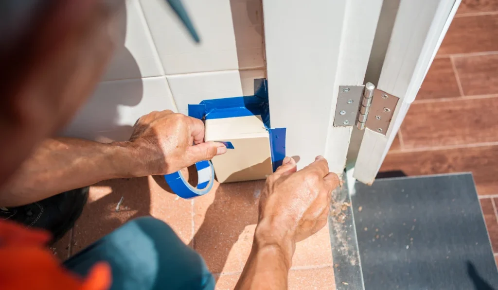Person taping cardboard to a door frame near the hinges, possibly for protection during renovation work.